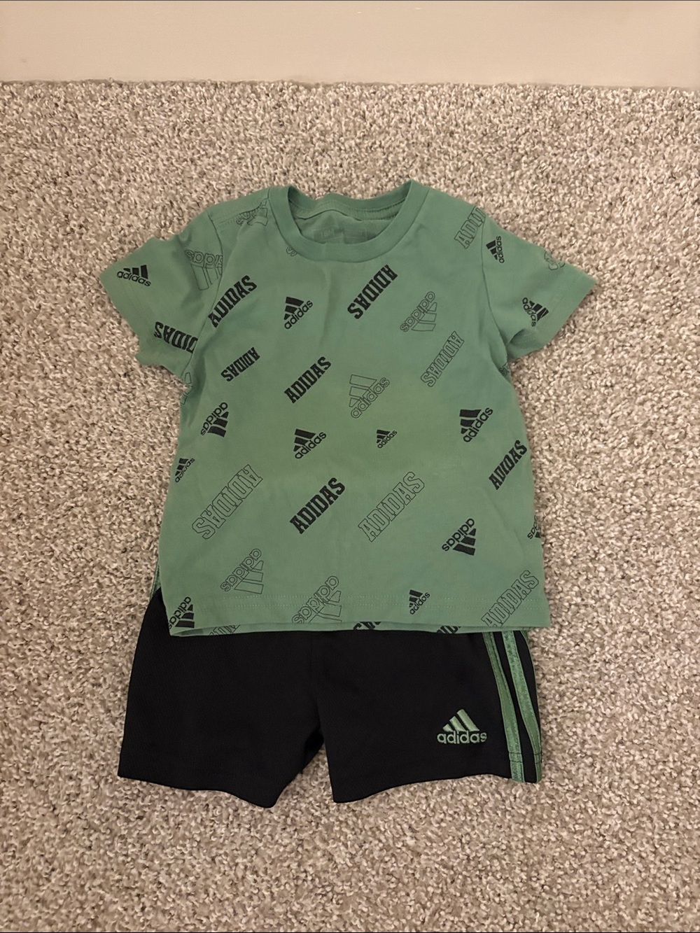 adidas Green Logo Tee with Black Shorts